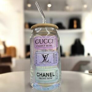 Fashion Show Motif Designer Glass Tumbler with Glass Straw, NWT